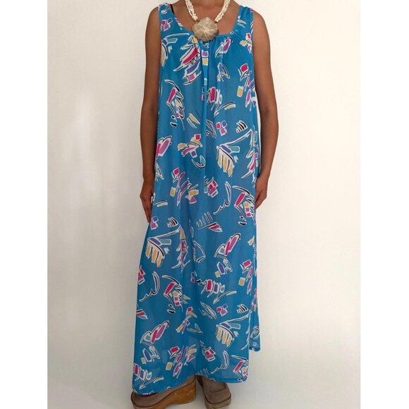 Vintage Dresses & Skirts - 70s vintage blue abstract print sheer long maxi dress resortwear kaftan cover up